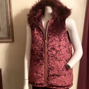 Michael Kors Burgandy Velvet Faux Fur Hoodie Vest